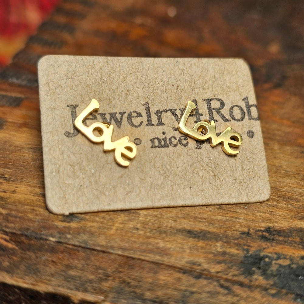 Love Script Earrings Women OS Gold Tone Stainless Steel Studs Minimalist